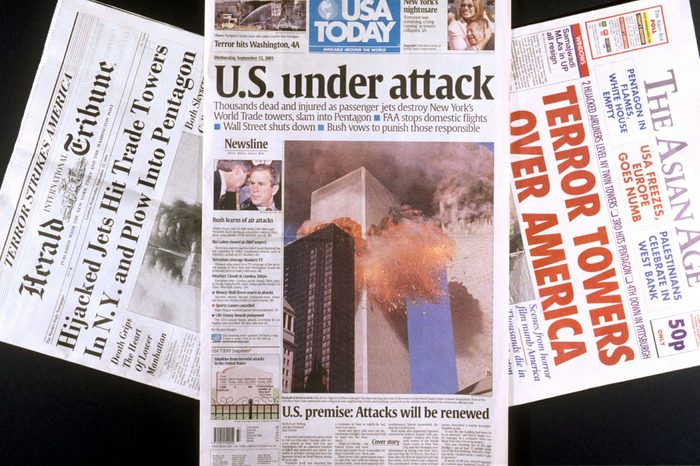 FRONT PAGE ENGLISH NEWSPAPER HEADLINES AFTER TERRORIST HIJACKING OF AIRCRAFT AND DESTRUCTION OF THE WORLD TRADE CENTRE IN NEW YORK-12 SEP 2001