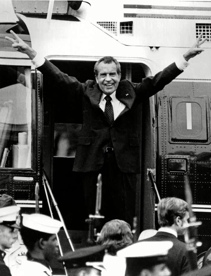 Mandatory Credit: Photo by Bob Daugherty/AP/Shutterstock (5940280a) Richard M. Nixon Richard Nixon waves goodbye with a salute to his staff members outside the White House as he boards a helicopter and e resigns the presidency on Aug. 9, 1974. He was the first president in American history to resign the nation's highest office Nixon Resignation-Tapes, Washington, USA