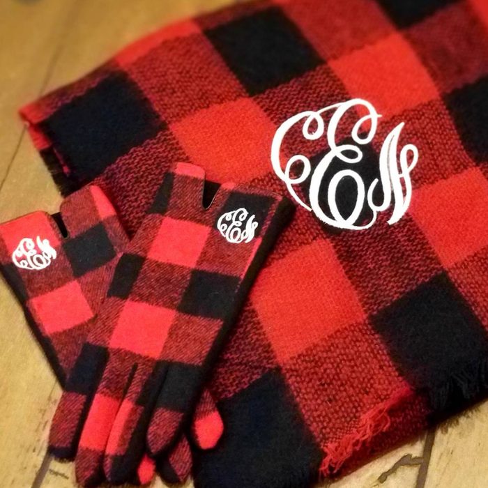 Marys Monogram And More Buffalo Plaid Scarf And Gloves Set