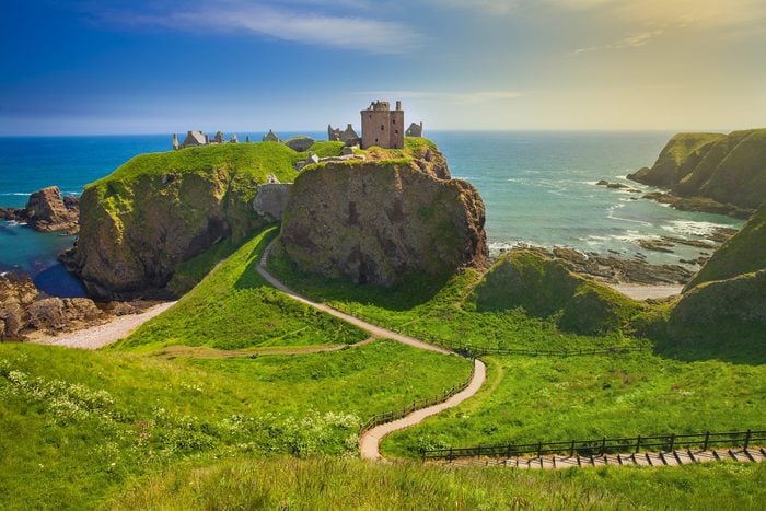 Medieval fortress Dunnottar Castle is a ruined medieval cliff-top fortress dating to the fourteenth century. Aberdeenshire, Stonehaven on the Northeast of Scotland, UK
