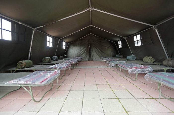 Tent Shelter With Temporary Beds Ready for Disaster Refuges