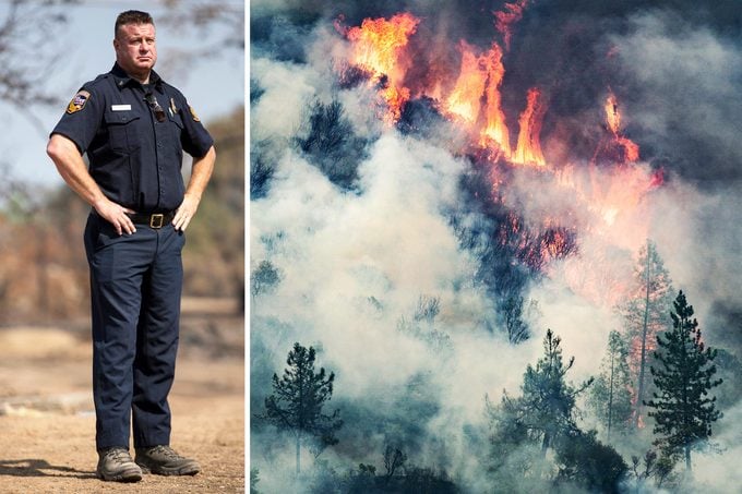 Incident Commander Tom Lubas splitscreen Carr Fire smoke and flames engulf trees