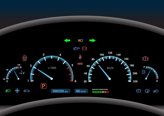 Car dashboard modern automobile control illuminated panel speed display vector illustration