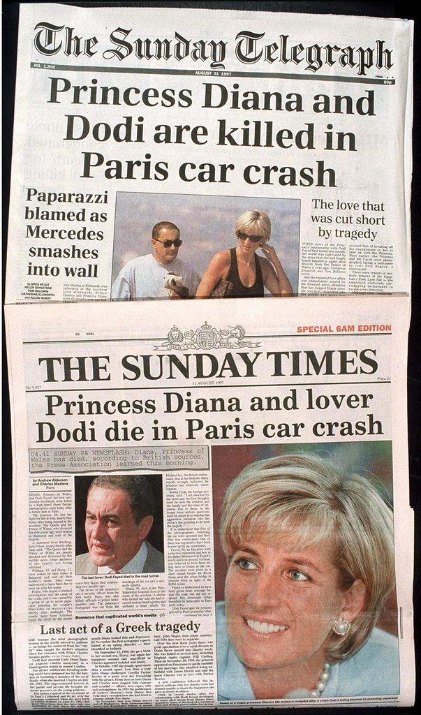 DEATH OF PRINCESS DIANA AND DODI AL FAYED AS REPORTED ON THE FRONT COVERS OF NEWSPAPERS - SEP 1997