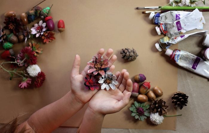 Little kid hands coloring a natural cone fir to create a flower for thanksgiving