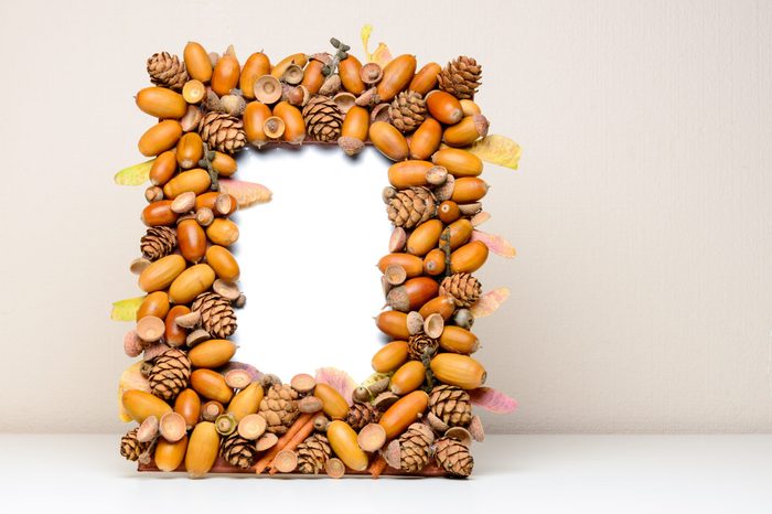 Handmade frame, with acorns, cones and leaves for photo. 