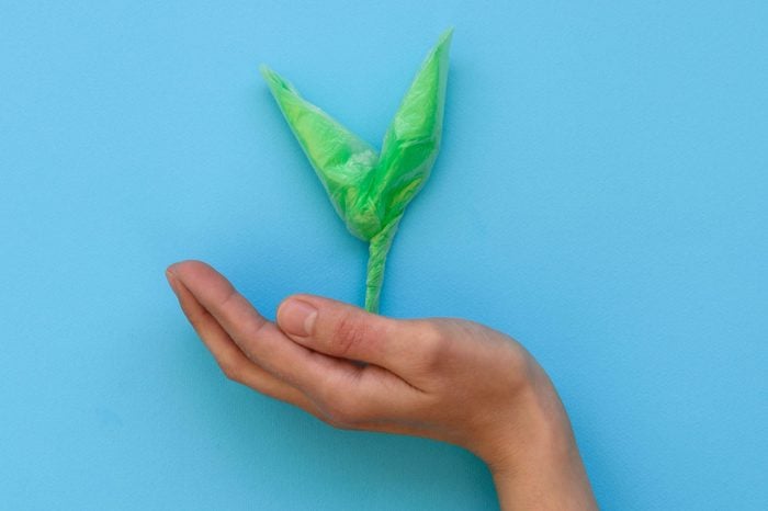 Hand holding green sprout made from plastic disposable packages on blue background. Save the world, creative, environment pollution or World Earth Day concept. Top view