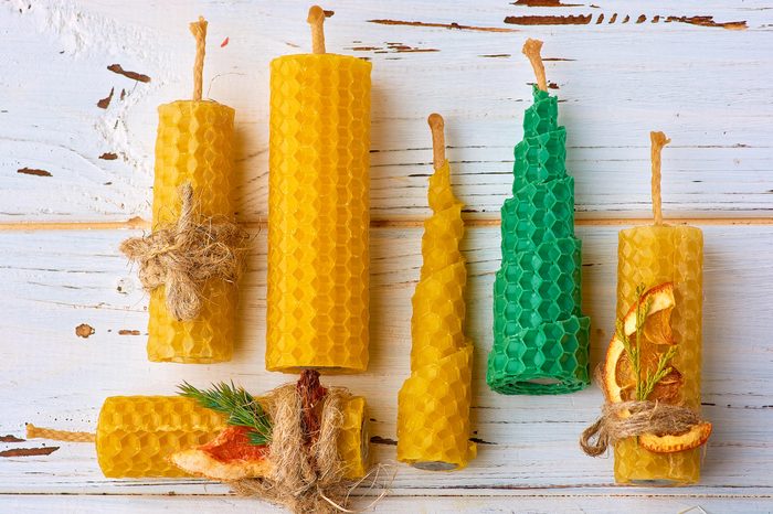 Decorative candles made of beeswax with a honey aroma for interior and tradition.