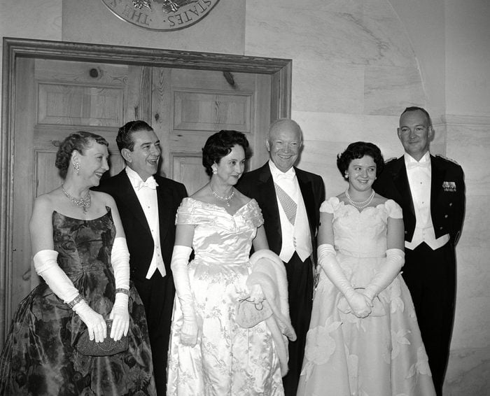 Mandatory Credit: Photo by William Smith/AP/Shutterstock (5967268a) Dwight Eisenhower, Adolfo Lopez Mateos, John Eisenhower Mexican President Adolfo Lopez Mateos, his wife and daughter, Eva, who arrived in Washington, on on an official visit, pose with the Eisenhower's prior to a formal dinner the same evening in the White House. Left to right, Mrs. Eisenhower, President Lopez Mateos and his wife, President Eisenhower, Miss Eva Lopez Mateos and Maj. John Eisenhower, son of President Adolfo Lopez Mateos with Dwight Eisenhower and John Eisenhower, Washington, USA