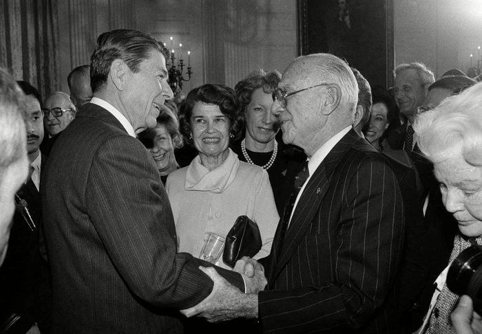 Mandatory Credit: Photo by Ira Schwarz/AP/Shutterstock (6010143a) President Reagan shakes hands with Sonny Werblin, owner of the New York Jets football franchise at the conclusion of a White House reception in Washington, on for the President's Council on Physical Fitness Thursday in the State Dining room Ronald Reagan, Washington, USA