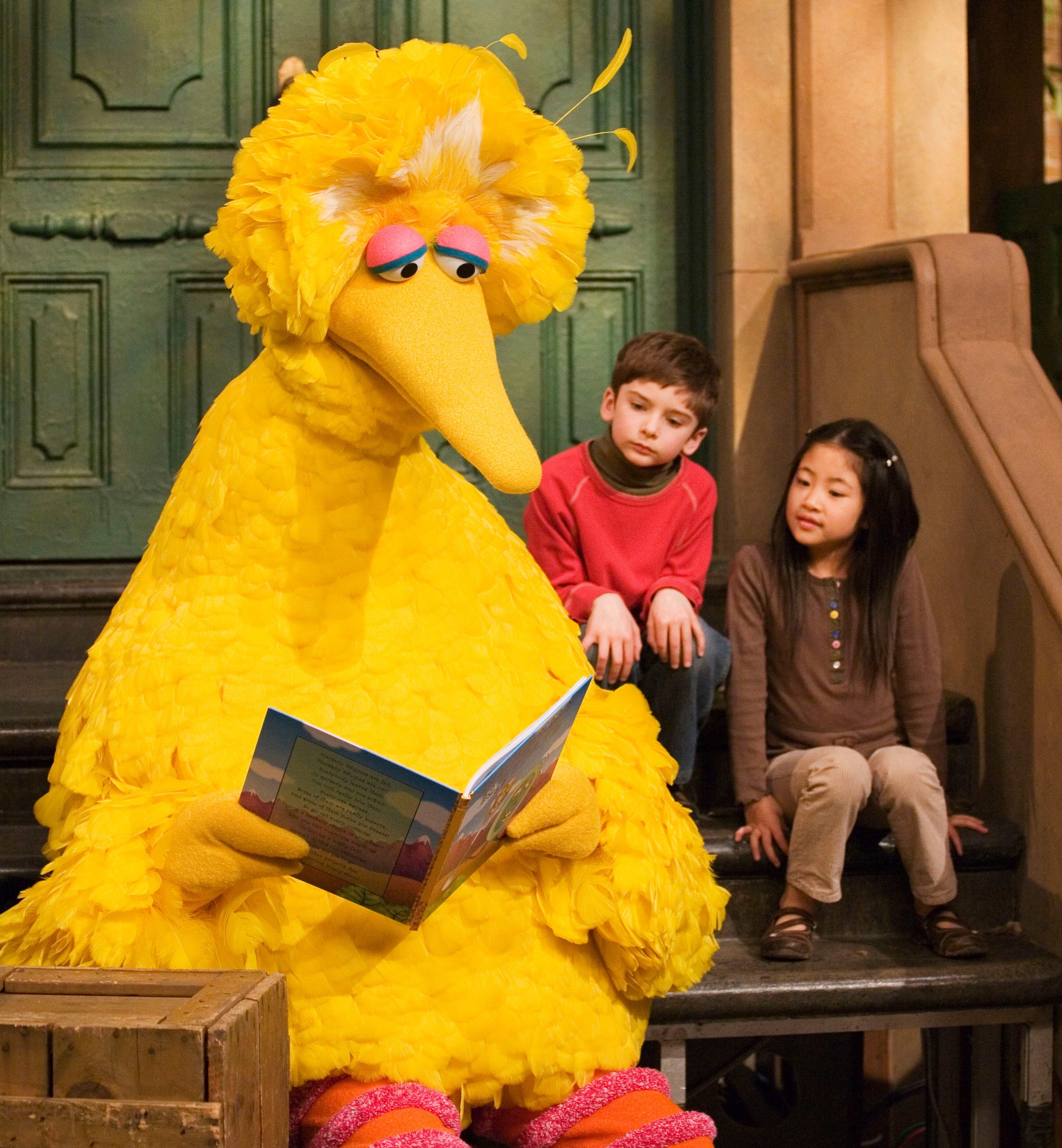 Mandatory Credit: Photo by Mark Lennihan/AP/Shutterstock (6363967a) Caroll Spinney, Big Bird Muppet character Big Bird reads to Connor Scott and Tiffany Jiao during a taping of the children's program "Sesame Street" in New York. Sesame Street continues to attract millions of viewers after 45 years on the air, appealing to both preschoolers and their parents with content that is educational and entertaining. The show has kept up with the times by making its segments faster-paced, by fine-tuning messages, and by keeping a steady flow of appearances by contemporary celebrity guests. The show first aired Nov. 10, 1969 Sesame Street 45 Years, New York, USA