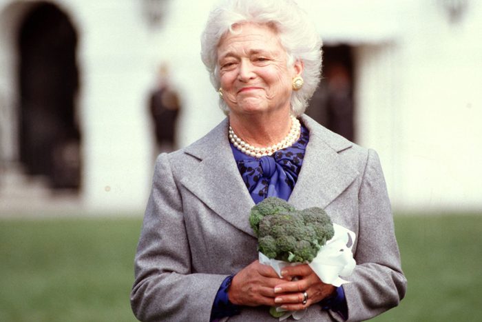 Mandatory Credit: Photo by Greg E Mathieson Sr/Mai/Shutterstock (9635159a) First Lady Barbara Bush received a delivery of broccoli from California growers as part of a larger donation to Washington, DC food banks. The presentation was made after President Bush stated he did not like broccoli. First Lady Barbara Bush received a delivery of broccoli from California growers, Washington DC, USA - 26 Mar 1990