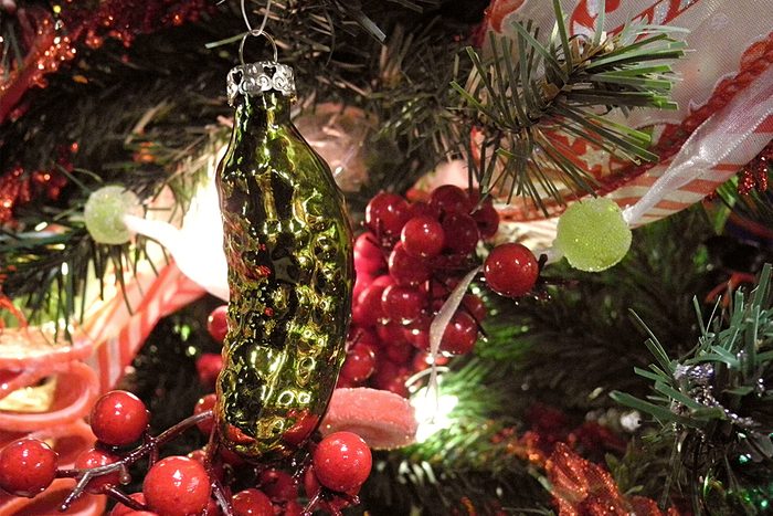 pickle christmas ornament hanging from christmas tree