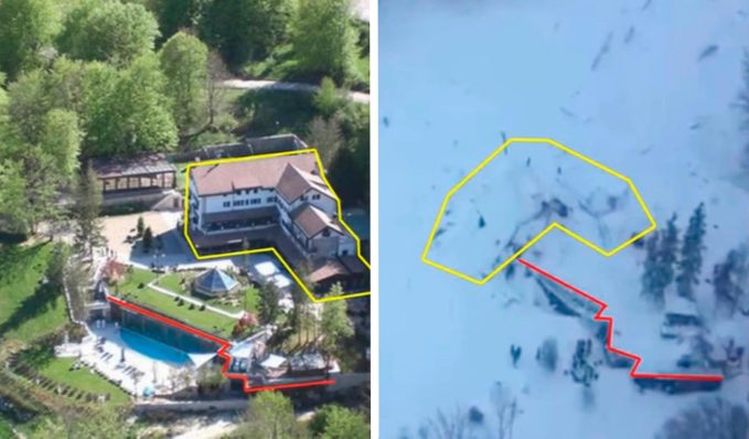 maps showing an aerial view of the property of the Hotel Rigopiano on a sunny day and after the avalanche, where the building should've been