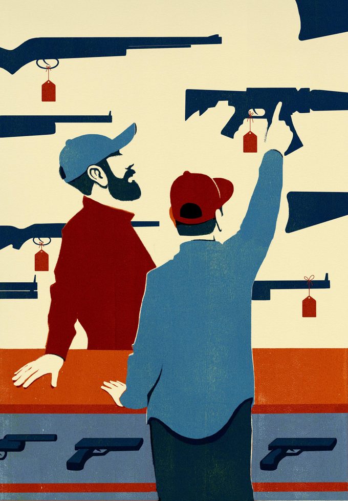 illustration by Dan Bejar or a man at a gun counter with the salesman; the customer points to the one he wants