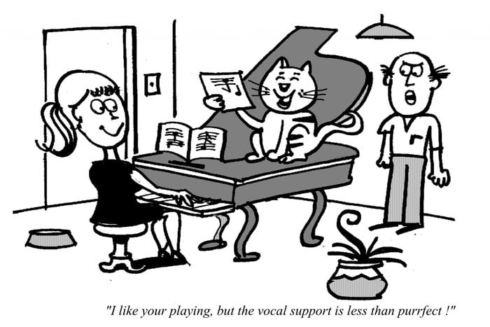 Cartoon of happy cat singing along with woman playing piano