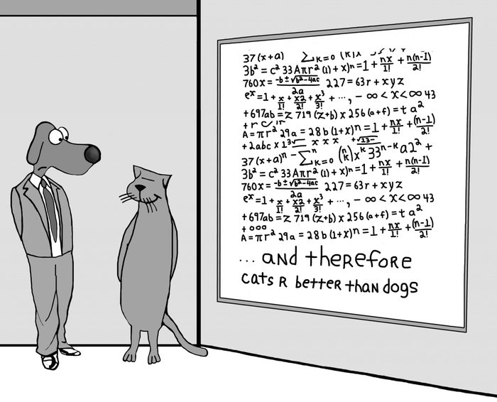 Animal, education and business cartoon of a dog, cat and whiteboard filled with complex equations, 'and therefore cats r better than dogs'.