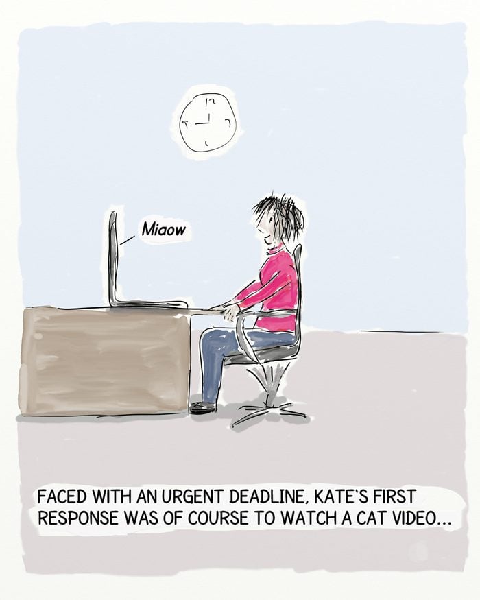 In this cartoon a woman is sitting at her desk in front of her laptop computer. The caption explains that she has an urgent deadline, so obviously has to watch a cat video first.