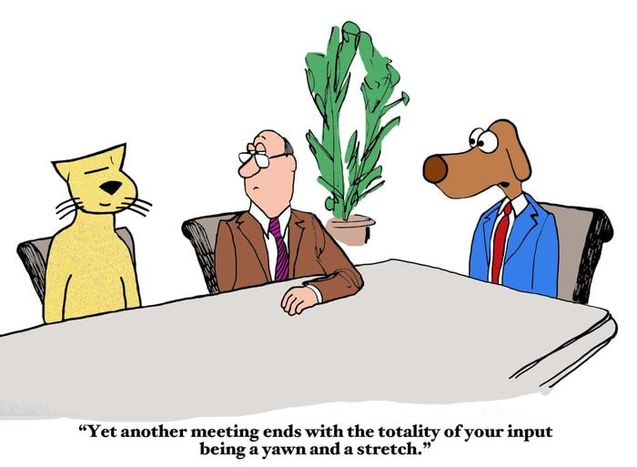Business cartoon of boss dog saying to employee cat, 'Yet another meeting ends with the totality of your input being a yawn and a stretch'.
