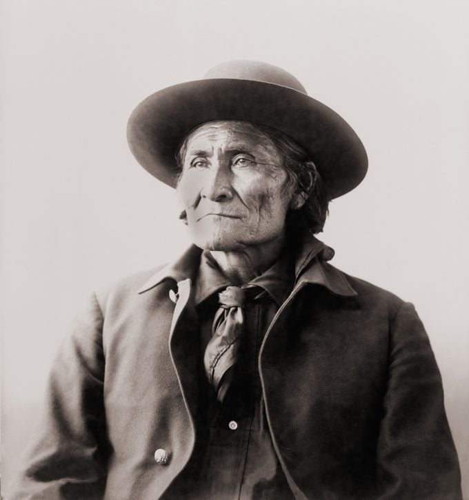 Geronimo (1829-1909), Chiricahua Apache warrior in 1898, when he was held with his family at Fort Sill, Oklahoma.