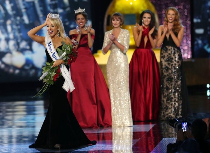 Mandatory Credit: Photo by Mel Evans/AP/Shutterstock (5897407aa) Savvy Shields The Miss America winner Miss Arkansas Savvy Shields, holds onto her crown during the Miss America 2017 pageant, in Atlantic City, N.J Miss America, Atlantic City, USA - 11 Sep 2016