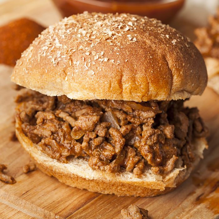 Sloppy Barbecue Beef Sandwich on a whole wheat bun