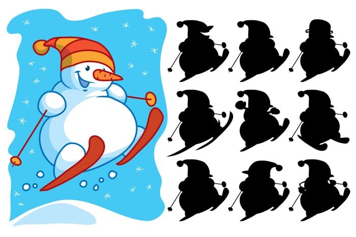 Funny snowman skiing. Find the correct shadow. Educational matching game for children. Cartoon vector illustration