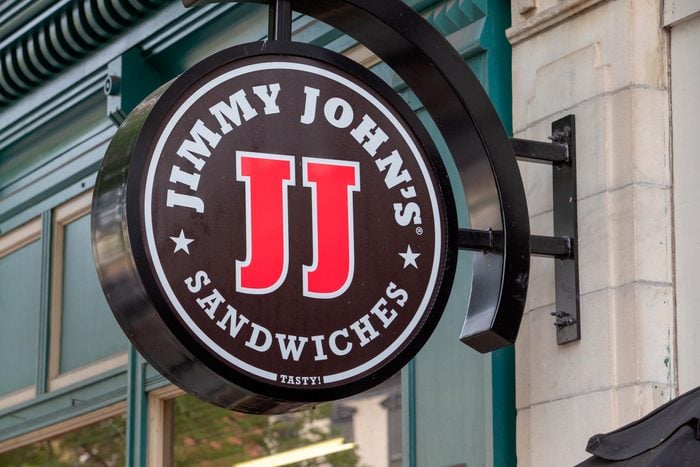 Close up on Jimmy John's logo on the exterior of a buildin
