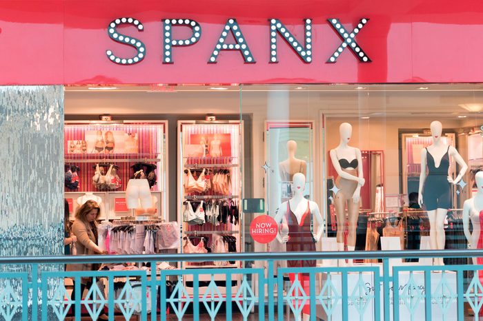 Philadelphia, Pennsylvania, May 19 2018: Spanx store sign entrance with vibrant red, pink color display in Philadelphia