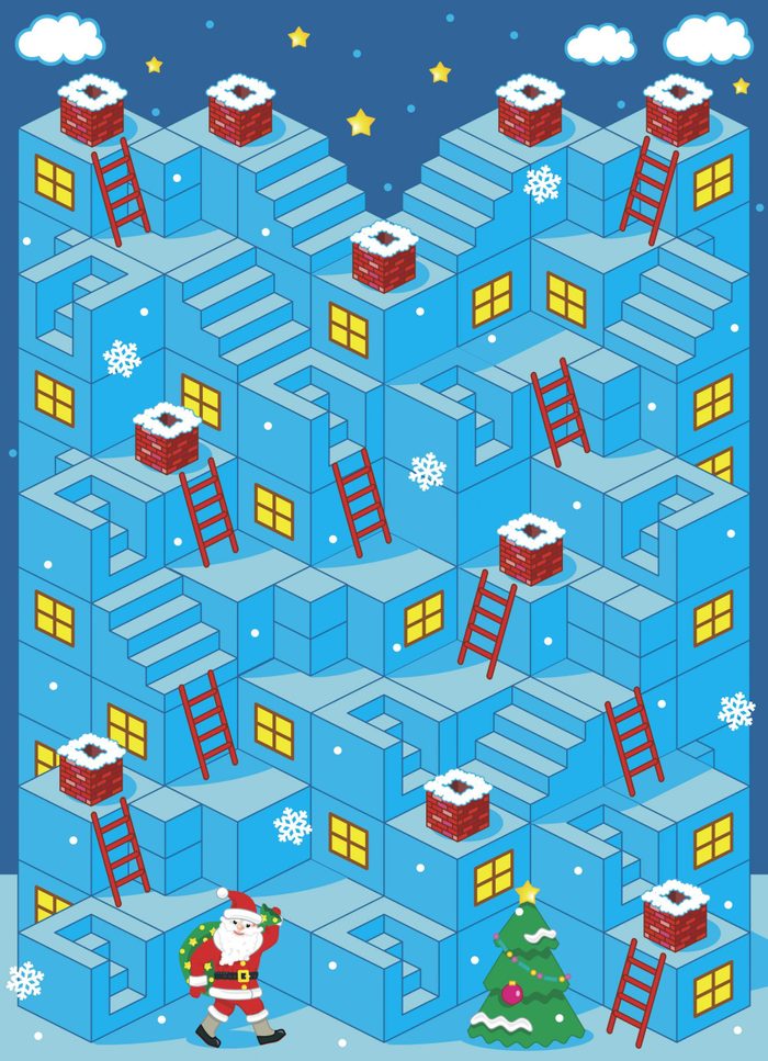 Christmas or New Year themed 3d maze game with stairs, ladders and Santa delivering presents through the chimneys. Answer included.