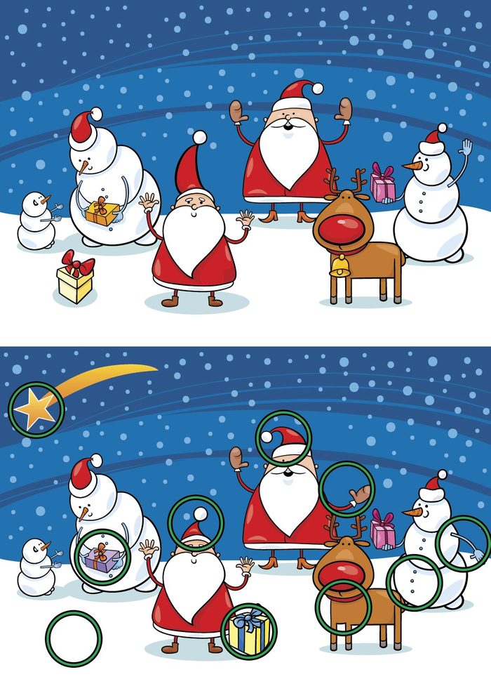 Cartoon Vector Illustration of Differences Educational Game for Preschool Children with Christmas Characters