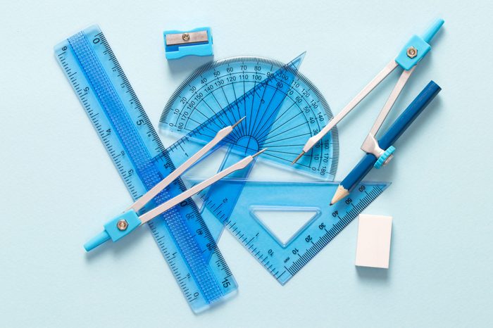 Geometry set with compass, ruler and protractor