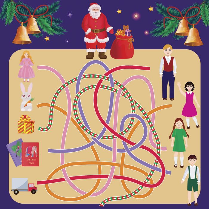 Search path in the maze with Santa Claus. Find a child gift to the owner. Christmas illustration of labyrinth pathfinding for kids.