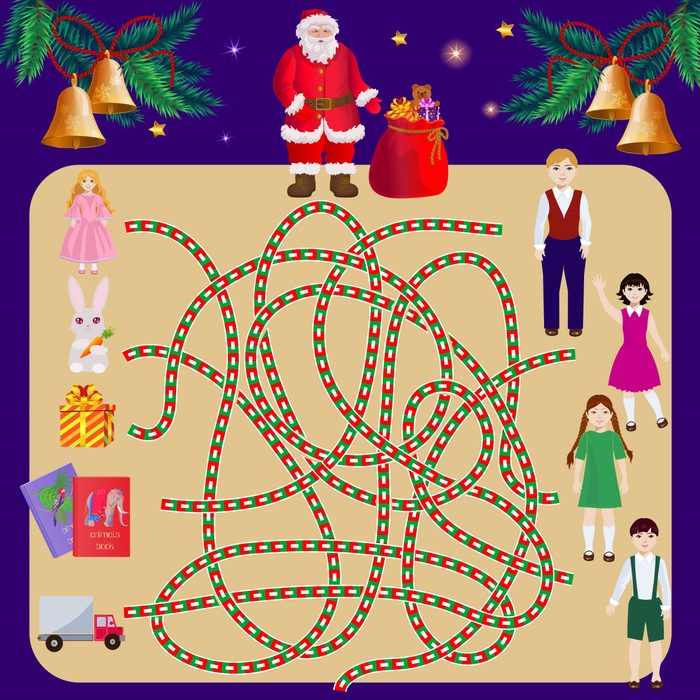 Search path in the maze with Santa Claus. Find a child gift to the owner. Christmas illustration of labyrinth pathfinding for kids.