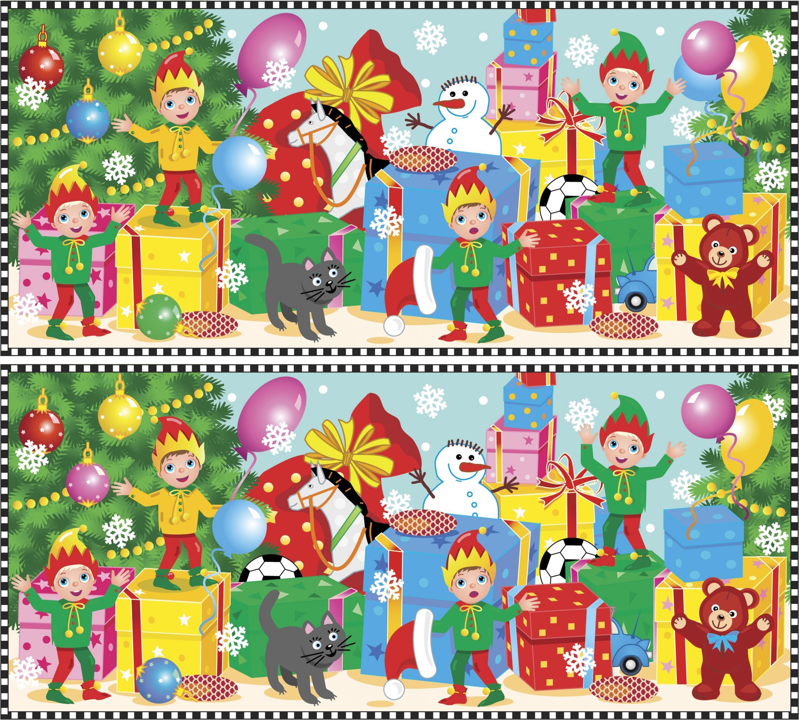 Christmas or New Year visual puzzle: Find the ten differences between the two pictures of elves waiting for Santa to show their work done. Answer included.