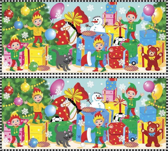 Christmas or New Year visual puzzle: Find the ten differences between the two pictures of elves waiting for Santa to show their work done. Answer included.