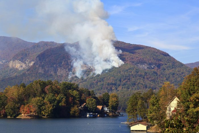 Beginning of the Lake Lure forest fire in the fall of 2016 in North Carolina at Chimney Rock