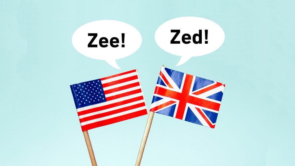 The national flag of the United Kingdom (UK) with a speech bubble that reads "zed!" and the flag of the United States of America (USA) with speech bubbles