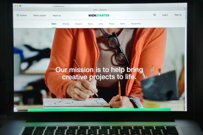 Milan, Italy - August 10, 2017: Kickstarter website homepage. It is an American corporation that maintains a global crowdfunding platform focused on creativity. Kickstarter logo visible.; Shutterstock ID 705051445; Job (TFH, TOH, RD, BNB, CWM, CM): RD
