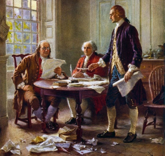 Mandatory Credit: Photo by Everett/Shutterstock (10410401a) American Revolution, Second Continential Congress, Philadelphia, 1775-1776. Delegates of the Drafting Committee at work on the Declaration of Independence, 1776. L-R: Benjamin Franklin, and John Adams, worked with Thomas Jefferson at his lodgings, on the corner of Seventh and High (now Market St.) streets in Philadelphia