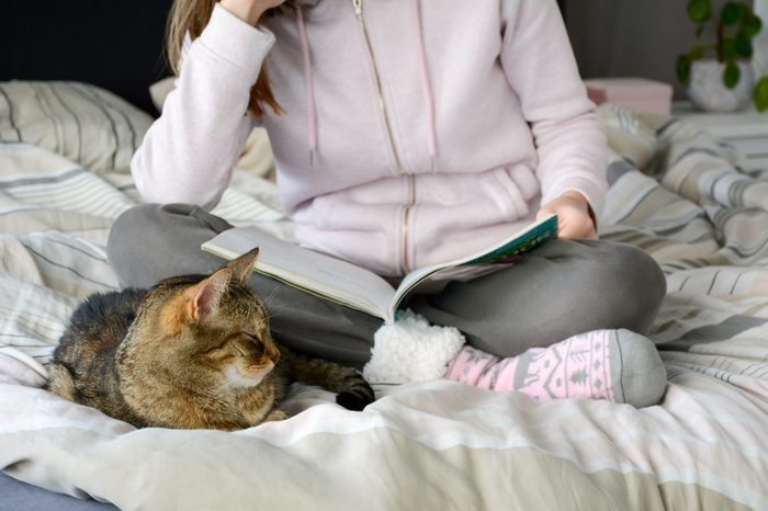 Young woman wearing warm comfortable winter sweater and socks reading a magazine on bed. Her cat is sleeping next to her. Cozy morning at home. Morning, leisure, relaxation, weekend concept. 