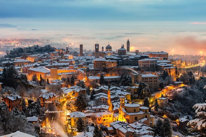 Beautiful medieval town at sunrise, Bergamo Lombardy