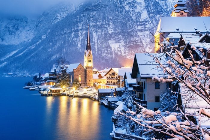 Winter View of Hallstatt, traditional austrian wood village, UNESCO world culture heritage site. Alps, Austria.