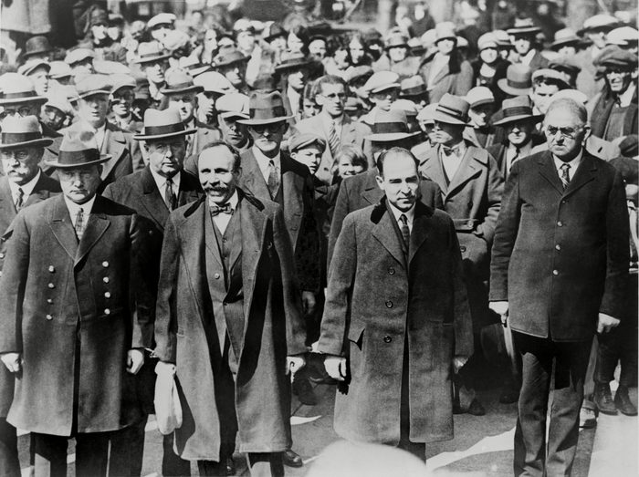 Mandatory Credit: Photo by Everett/Shutterstock (10277914a) Bartolomeo Vanzetti (left) and Nicola Sacco, manacled together before they received death sentences for payroll guard murder they were convicted of seven years earlier. They are surrounded by heavy guard and onlookers, as they enter the courthouse at Dedham, Massachusetts. Historical Collection