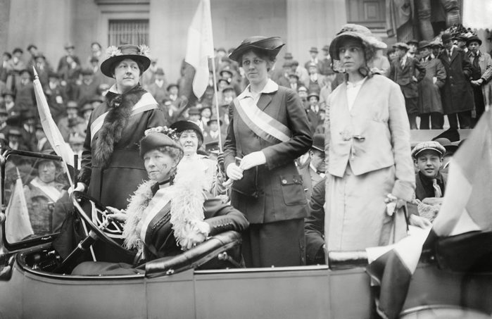 Mandatory Credit: Photo by Everett/Shutterstock (10278035a) Prominent womans suffrage advocates parade in an open car supporting the ratification of the 19th amendment granting women the right to vote in federal elections. Left to right: Mrs. W.L. Prendergast, Mrs. W.L. Colt, Doris Stevens, Alice Paul Historical Collection