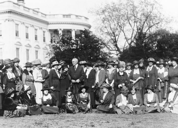 Mandatory Credit: Photo by Everett/Shutterstock (10278215a) National Womans Party members with President Harding on the lawn in front of the White House. The women ask the presidents aid in passing an Equal Rights Bill in the next Congress. The bill they proposed would give married women citizenship and equal rights of inheritance and contract. Historical Collection