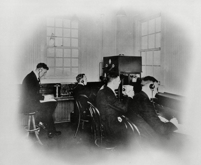 Mandatory Credit: Photo by AP/Shutterstock (5915079a) Pittsburgh radio station KDKA broadcasts ca. 1920. KDKA is credited with the first radio news report when it broadcast Associated Press election returns in 1920, as Warren G. Harding defeated James M. Cox for president. Radio stations did not become AP members until 1947 KDKA NEWS BROADCAST, PITTSBURGH, USA
