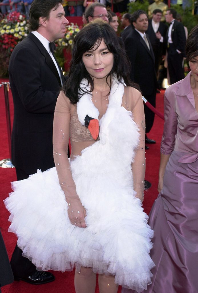 Mandatory Credit: Photo by Michael Caulfield/AP/Shutterstock (6464400a) Bjork Singer Bjork, wearing a Marjan Pejoski swan gown, arrives at the 73rd annual Academy Awards, in Los Angeles. Bjork is nominated for best song for "I've Seen it All" from the film "Dancer in the Dark 2001 Academy Awards, Los Angeles, USA