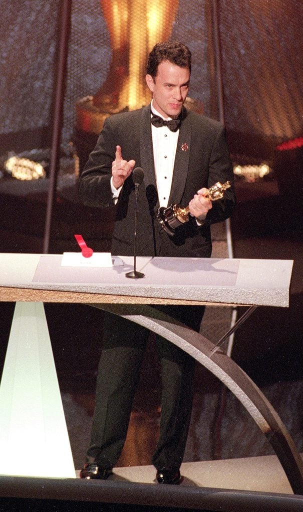 Mandatory Credit: Photo by Reed Saxon/AP/Shutterstock (6554201a) HANKS Best Actor winner Tom Hanks gives an emotional speech at the 66th Annual Academy Awards in Los Angeles on . Hanks won for his role in the movie "Philadelphia HANKS OSCARS, LOS ANGELES, USA