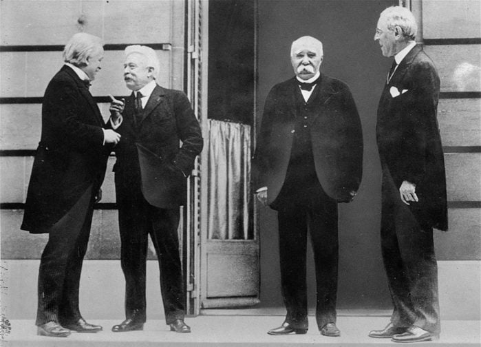 Mandatory Credit: Photo by AP/Shutterstock (7393336a) The Big Four of the Allies chat while gathering in Versailles for the Treaty of Versailles, which officially ended World War I, in this 1919 photo. They are, left to right, David Lloyd George, of Great Britain, Vittorio Orlando, of Italy, Georges Clemenceau, of France, and Woodrow Wilson, United States President BIG FOUR PEACE TREATY, VERSAILLES, France